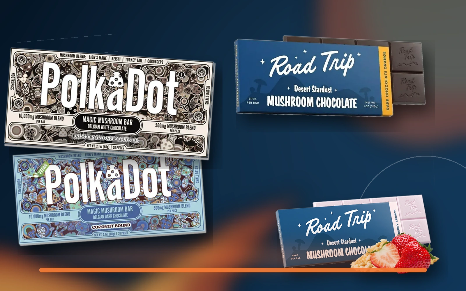 Premium Chocolates collection collage featuring PolkaDot Chocolate Bars and Road Trip Chocolates
